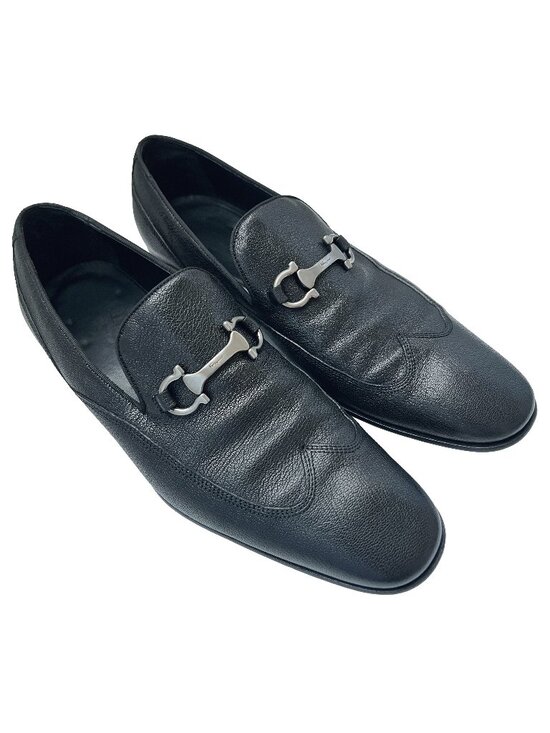 $995 Salvatore Ferragamo Mens Black Shoes Gancini Silver Bit Loafers 8.5 EE